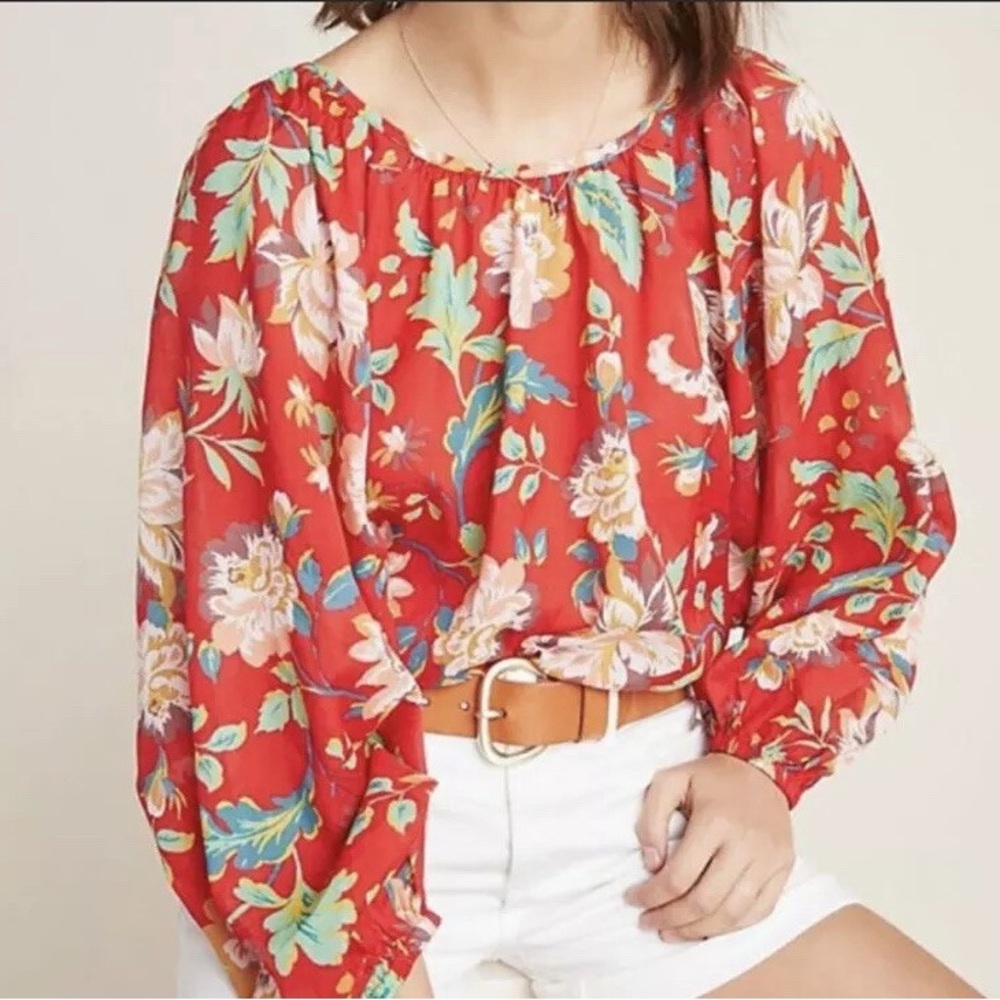 Maeve by Anthropologie‎ Red Floral Lake House Balloon Sleeve Blouse boho peasant